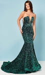 V-neck Strapless Open-Back Fitted Back Zipper Mesh Sequined Natural Waistline Velvet Plunging Neck Mermaid Prom Dress with a Brush/Sweep Train