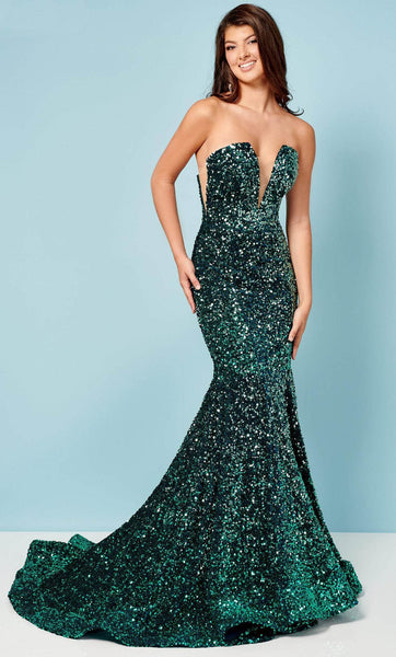 V-neck Strapless Mermaid Mesh Back Zipper Open-Back Fitted Sequined Natural Waistline Plunging Neck Velvet Prom Dress with a Brush/Sweep Train