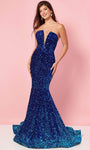 V-neck Strapless Mermaid Natural Waistline Plunging Neck Velvet Fitted Sequined Open-Back Back Zipper Mesh Prom Dress with a Brush/Sweep Train