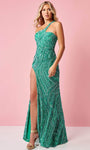 One Shoulder Natural Waistline Tulle Sheath Floor Length Fitted Asymmetric Beaded Side Zipper Slit Sequined Sheath Dress/Evening Dress with a Brush/Sweep Train