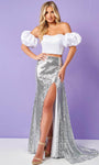 A-line Strapless Puff Sleeves Sleeves Short Natural Waistline Satin Sequined Slit Back Zipper Lace-Up Sweetheart Prom Dress with a Brush/Sweep Train