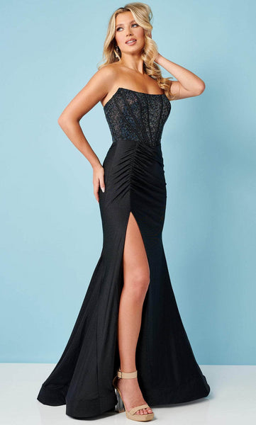 Sexy Strapless Mermaid Scoop Neck Sequined Slit Beaded Corset Natural Waistline Prom Dress with a Brush/Sweep Train