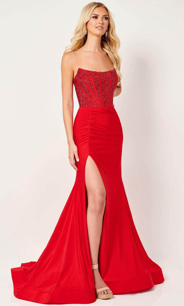 Sexy Strapless Mermaid Corset Natural Waistline Scoop Neck Beaded Sequined Slit Prom Dress with a Brush/Sweep Train