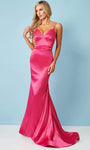 Sophisticated V-neck Hidden Back Zipper Lace-Up Mermaid Sleeveless Spaghetti Strap Satin Natural Waistline Plunging Neck Prom Dress with a Brush/Sweep Train