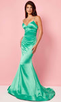 Sophisticated V-neck Mermaid Satin Plunging Neck Lace-Up Hidden Back Zipper Sleeveless Spaghetti Strap Natural Waistline Prom Dress with a Brush/Sweep Train