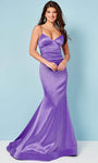 Sophisticated V-neck Mermaid Satin Natural Waistline Sleeveless Spaghetti Strap Plunging Neck Lace-Up Hidden Back Zipper Prom Dress with a Brush/Sweep Train