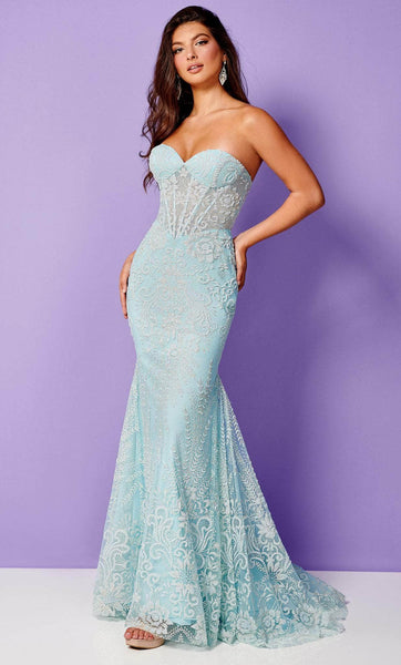 Sexy Strapless Plunging Neck Sweetheart Basque Corset Waistline Beaded Back Zipper Applique Glittering Mermaid Tulle Prom Dress