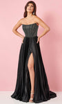 A-line Strapless Slit Back Zipper Open-Back Pleated Beaded Corset Natural Waistline Satin Scoop Neck Prom Dress with a Brush/Sweep Train