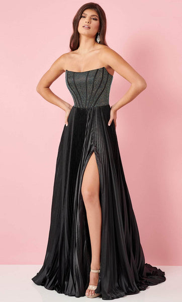 A-line Strapless Scoop Neck Slit Back Zipper Pleated Beaded Open-Back Corset Natural Waistline Satin Prom Dress with a Brush/Sweep Train