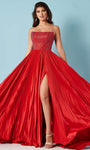 A-line Strapless Back Zipper Open-Back Pleated Slit Beaded Satin Scoop Neck Corset Natural Waistline Prom Dress with a Brush/Sweep Train