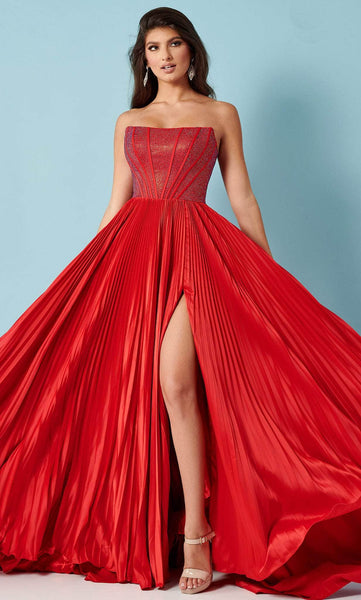 A-line Strapless Satin Scoop Neck Open-Back Pleated Slit Beaded Back Zipper Corset Natural Waistline Prom Dress with a Brush/Sweep Train