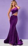 One Shoulder Sleeveless Cutout Asymmetric Beaded Open-Back Back Zipper Natural Princess Seams Waistline Floor Length Velvet Mermaid Prom Dress with a Brush/Sweep Train