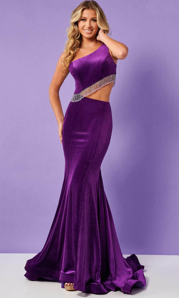 Natural Princess Seams Waistline Mermaid Cutout Asymmetric Open-Back Back Zipper Beaded Floor Length One Shoulder Sleeveless Velvet Prom Dress with a Brush/Sweep Train