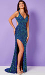 V-neck Sleeveless Fitted Slit Beaded Back Zipper Sequined Plunging Neck Sheath Tulle Natural Waistline Sheath Dress/Prom Dress