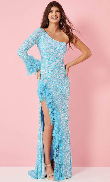 Tulle Beaded Slit Asymmetric Sequined Sheath Long Sleeves One Shoulder Natural Waistline Sheath Dress/Prom Dress with a Brush/Sweep Train