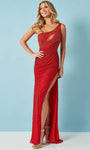 Sheath One Shoulder Natural Waistline Tulle Sheer Asymmetric Beaded Slit Glittering Fitted Floor Length Sheath Dress/Prom Dress with a Brush/Sweep Train