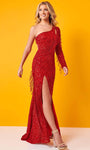 Long Sleeves Sequined Beaded Fitted Asymmetric Slit Open-Back Back Zipper Natural Waistline Tulle Sheath Sheath Dress/Evening Dress with a Brush/Sweep Train
