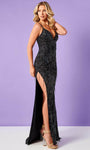 V-neck Slit Fitted Beaded Self Tie Lace-Up Open-Back Sleeveless Spaghetti Strap Sheath Tulle Floor Length Empire Waistline Sheath Dress/Prom Dress with a Brush/Sweep Train