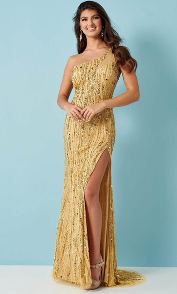 Natural Waistline One Shoulder Illusion Sequined Slit Asymmetric Beaded Tulle Sheath Sheath Dress/Prom Dress with a Brush/Sweep Train With Pearls