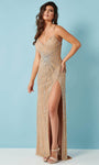 Sophisticated V-neck Sleeveless Natural Waistline Sheath Beaded Fitted Slit Sequined Back Zipper Lace-Up Tulle Sheath Dress/Evening Dress with a Brush/Sweep Train