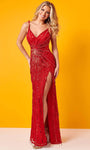 Sophisticated V-neck Sequined Lace-Up Slit Beaded Back Zipper Fitted Natural Waistline Sleeveless Sheath Tulle Sheath Dress/Evening Dress with a Brush/Sweep Train