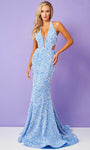 V-neck Beaded Open-Back Sequined Sheer Cutout Velvet Tube Mermaid Natural Waistline Halter Plunging Neck Sleeveless Floor Length Dress with a Brush/Sweep Train