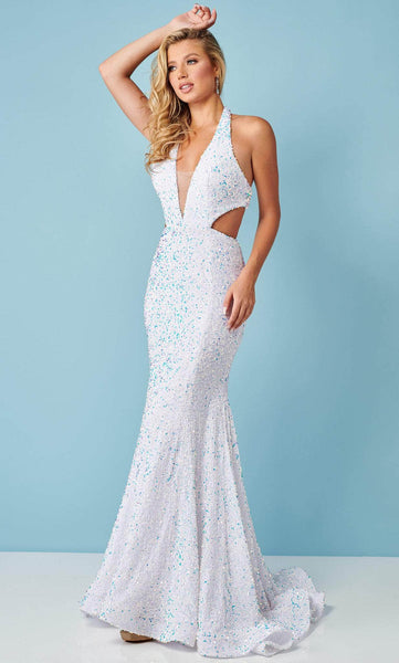 V-neck Sleeveless Halter Plunging Neck Floor Length Natural Waistline Beaded Open-Back Sheer Sequined Cutout Velvet Tube Mermaid Dress with a Brush/Sweep Train