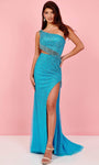 Natural Waistline Sheath One Shoulder Sleeveless Floor Length Asymmetric Slit Beaded Cutout Sheath Dress/Evening Dress with a Brush/Sweep Train