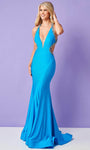 Sophisticated V-neck Fit-and-Flare Mermaid Floor Length Natural Waistline Plunging Neck Beaded Open-Back Back Zipper Sheer Fitted Sleeveless Jersey Evening Dress