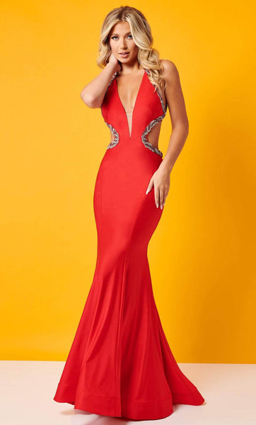 Sophisticated V-neck Fit-and-Flare Mermaid Jersey Sheer Fitted Beaded Back Zipper Open-Back Floor Length Natural Waistline Sleeveless Plunging Neck Evening Dress