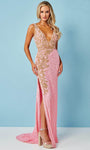 Sophisticated V-neck Floor Length Sleeveless Beaded Back Zipper Slit Sheath Natural Waistline Plunging Neck Tulle Sheath Dress/Evening Dress with a Brush/Sweep Train