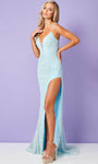 V-neck Sheath Sleeveless Plunging Neck Natural Waistline Glittering Sheer Fitted Slit Beaded Sheath Dress/Prom Dress with a Brush/Sweep Train