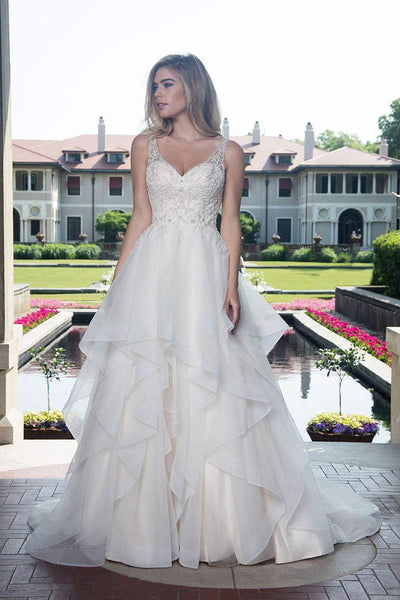 V-neck Sleeveless Tulle Embroidered Beaded Illusion Tiered Open-Back Sweetheart Natural Waistline Wedding Dress with a Court Train