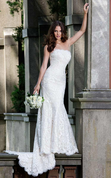 Strapless Lace Fitted Embroidered Mermaid Natural Waistline Wedding Dress with a Brush/Sweep Train