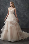 Natural Waistline Off the Shoulder Fitted Pleated Beaded Tulle Floor Length Wedding Dress with a Cathedral Train With Ruffles