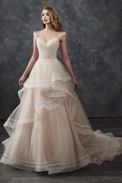 Natural Waistline Off the Shoulder Fitted Pleated Beaded Tulle Floor Length Wedding Dress with a Cathedral Train With Ruffles
