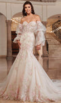 Strapless Mermaid Floral Print Sweetheart Applique Button Closure Beaded Full-Skirt Corset Natural Waistline Puff Sleeves Sleeves Wedding Dress with a Chapel Train with a Semi-Cathedral Train