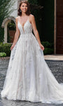 A-line V-neck Floor Length Plunging Neck Sweetheart Sheer Flower(s) Button Closure Sequined Applique Illusion Beaded Sleeveless Spaghetti Strap Natural Waistline Wedding Dress with a Chapel Train