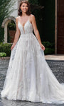 A-line V-neck Sleeveless Spaghetti Strap Floor Length Plunging Neck Sweetheart Natural Waistline Flower(s) Sheer Illusion Beaded Button Closure Sequined Applique Wedding Dress with a Chapel Train