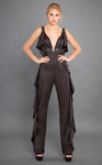 Sophisticated V-neck V Back Belted Back Zipper Sleeveless Empire Waistline Plunging Neck Satin Jumpsuit With Ruffles