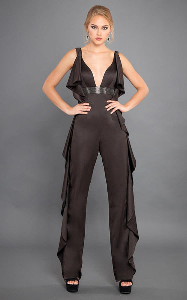 Sophisticated V-neck Empire Waistline Satin Belted V Back Back Zipper Sleeveless Plunging Neck Jumpsuit With Ruffles