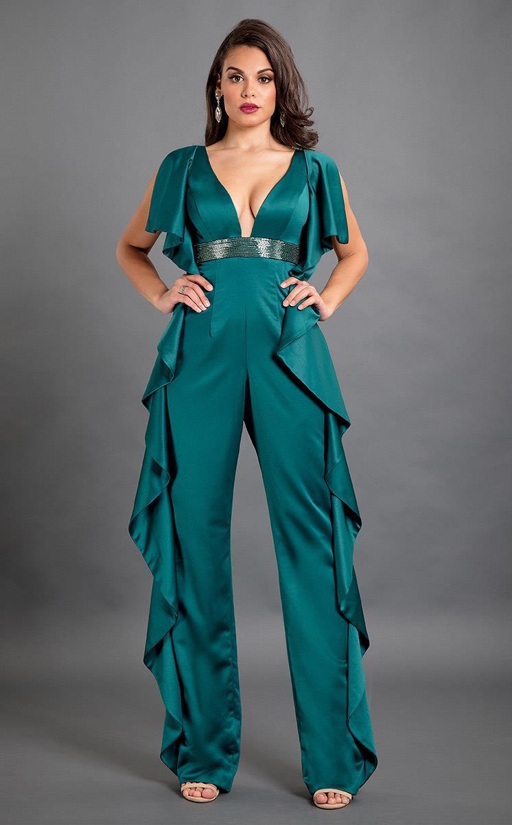 Rachel Allan Couture - 8308 Embellished Deep V-neck Jumpsuit
