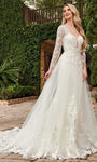 A-line V-neck Long Sleeves Natural Waistline Tulle Plunging Neck Beaded Back Zipper Fitted Open-Back Sheer Applique Embroidered Floor Length Wedding Dress with a Chapel Train with a Brush/Sweep Train