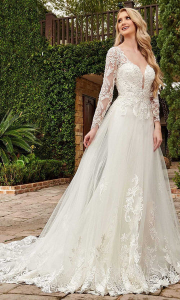A-line V-neck Natural Waistline Embroidered Beaded Back Zipper Applique Fitted Sheer Open-Back Long Sleeves Tulle Plunging Neck Floor Length Wedding Dress with a Chapel Train with a Brush/Sweep Train