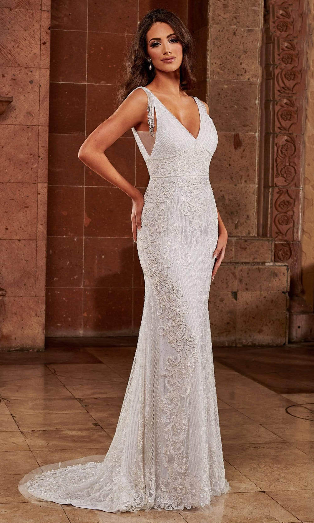 Rachel Allan - M797 Embellished V Neck Sheath Gown
