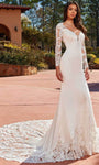 Plunging Neck Sweetheart Fit-and-Flare Mermaid Long Sleeves Natural Waistline Floor Length Illusion Fitted Applique Embroidered Beaded Sheer Wedding Dress with a Chapel Train