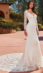 Natural Waistline Plunging Neck Sweetheart Fit-and-Flare Mermaid Floor Length Long Sleeves Fitted Beaded Applique Illusion Embroidered Sheer Wedding Dress with a Chapel Train