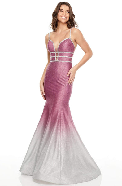 Plunging Neck Sweetheart Natural Waistline Mermaid Trim Illusion Back Zipper Open-Back Jeweled Beaded Spaghetti Strap Prom Dress with a Brush/Sweep Train With Rhinestones