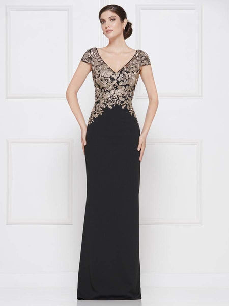 V-neck Cap Sleeves Natural Waistline Floor Length Sheath Crepe Back Zipper Fitted Embroidered Sheath Dress