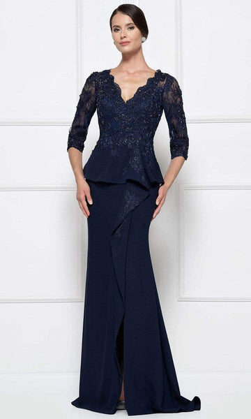 V-neck Faille Sheath Short Natural Waistline Fitted Slit Back Zipper Peplum Embroidered 3/4 Sleeves Sheath Dress